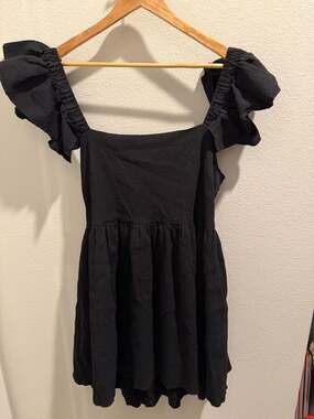 12PM by Mon Ami Black Textured Ruffle Sleeve Tie-Back Mini Dress 1X